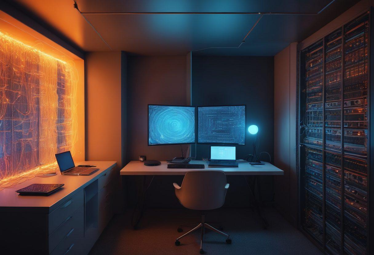 An abstract visualization of digital privacy, featuring a split image with a cozy, intimate room on one side, and a stark, cold server room on the other. Include elements like a glowing webcam, privacy shields, and tangled data streams subtly merging into one another. The color palette should reflect a blend of warm and cool tones to symbolize the conflict between personal space and public exposure. super-realistic. vibrant colors. digital art.