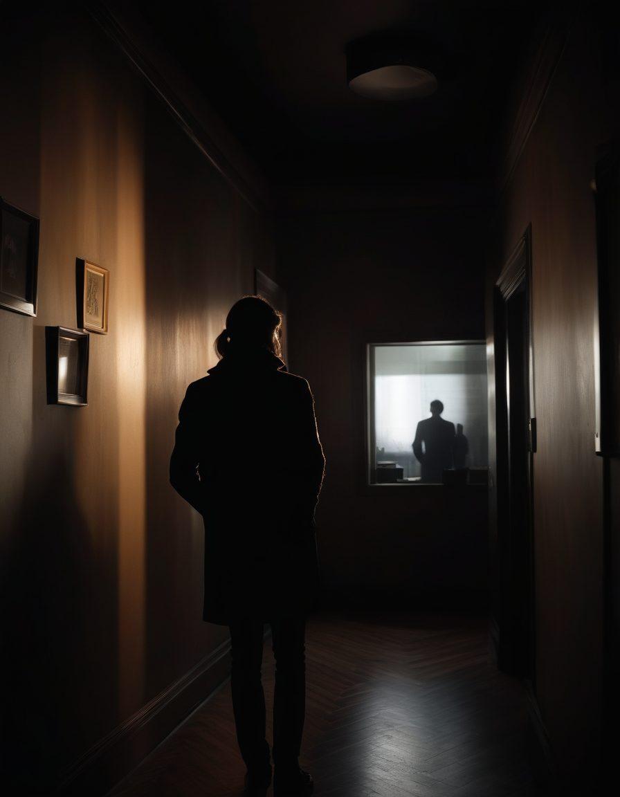 A mysterious, dimly lit room filled with various hidden cameras subtly placed in different corners, showcasing the art of discreet filming. A blurred silhouette of a person in the foreground hints at adult entertainment without explicit imagery, creating intrigue and allure. The atmosphere combines elements of sophistication and secrecy, highlighting the technical aspect of filming in a stylized manner. Dramatic shadows and soft lighting enhance the sense of realism and depth. super-realistic. dark tones. cinematic lighting.