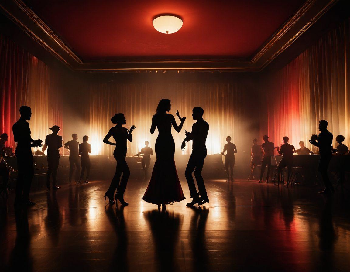 A captivating scene depicting a dimly lit room where a sensual performance is taking place, with soft shadows and glowing lights. In the foreground, a discreetly placed camera lens captures the intimacy of the moment, while silhouettes of performers can be seen dancing passionately. The ambiance should reflect a mix of technology and sensuality, highlighting the blend of digital and human interaction. The color palette should include rich reds and soft golds, creating a warm and inviting atmosphere. super-realistic. vibrant colors. low light.